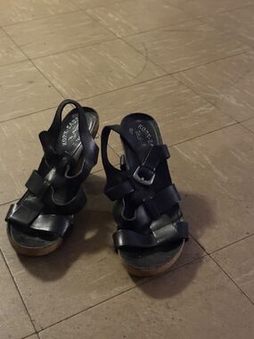 Kork-Ease Black Leather Strappy Cork Wedge Sandals